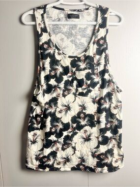 Zara Man Floral Tank Top Cream Black Tropical Print Sleeveless Shirt Size M